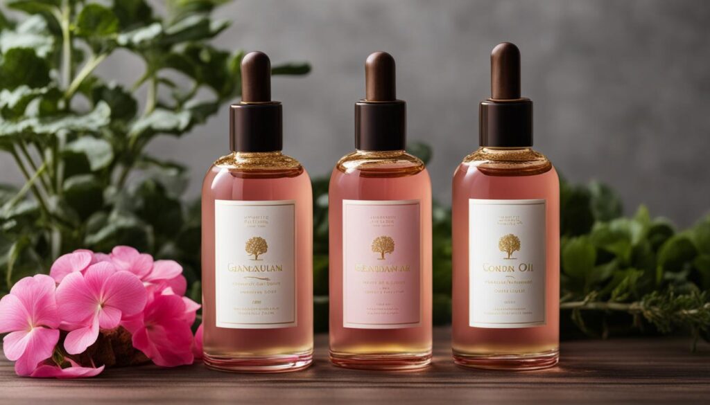 Geranium and Sandalwood essential oils bottles